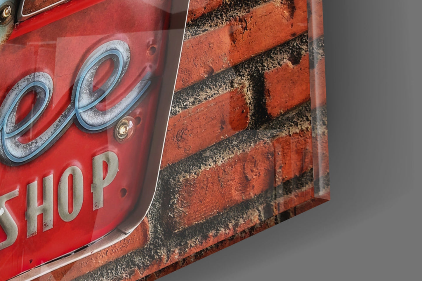Vintage Coffee Shop Sign Red Brick Glass Wall Art