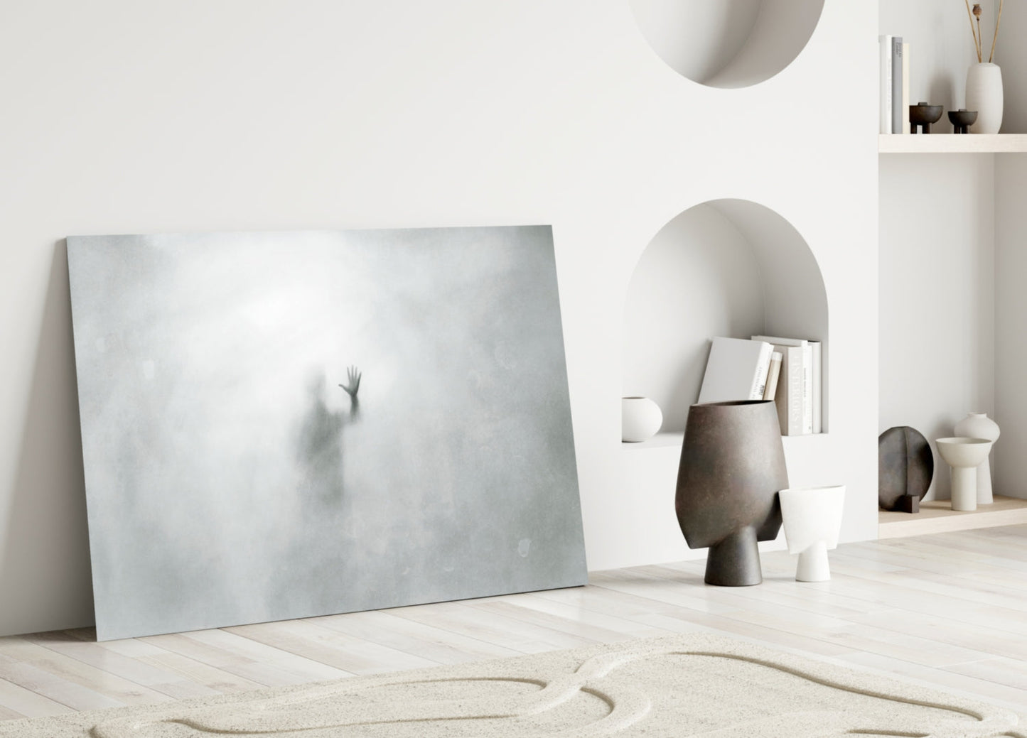 Foggy Pane Reaching Hand Grey Glass Wall Art