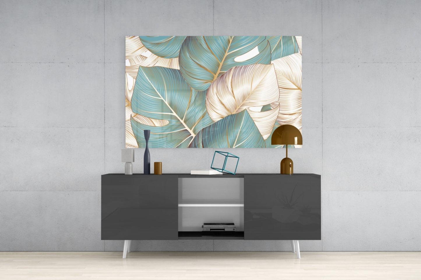 Teal Gold Tropical Leaves Glass Wall Art
