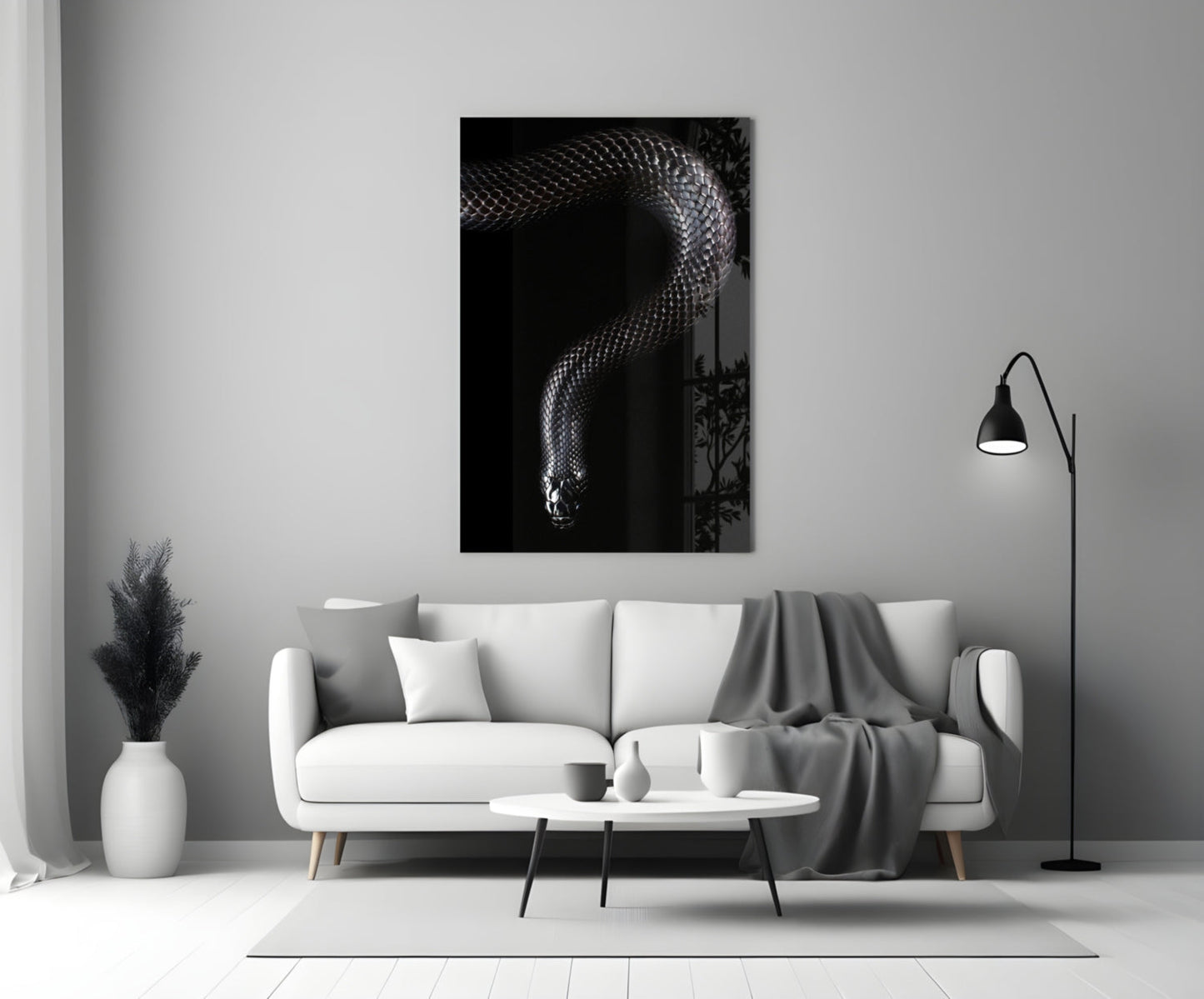 Silver Scaled Snake Descending Dark Glass Wall Art