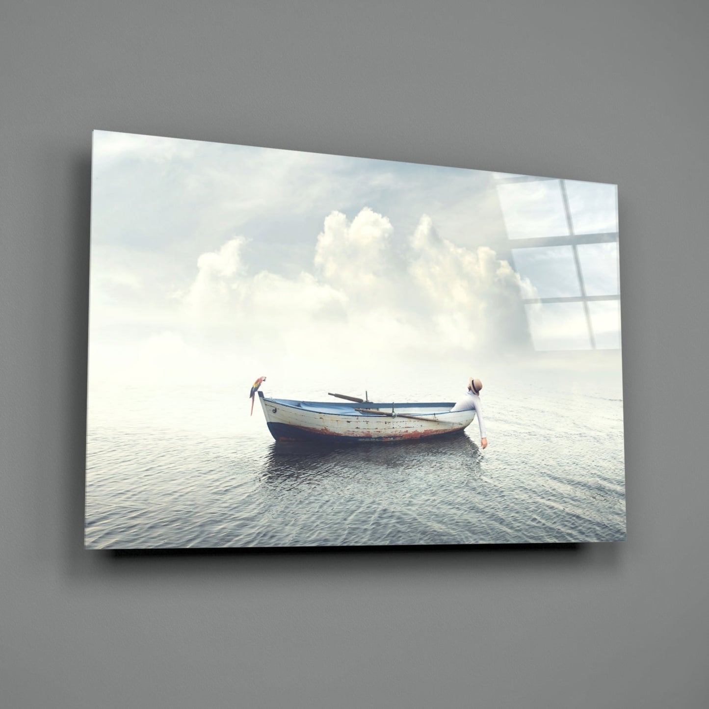 Misty Ocean Rowboat And Macaw Glass Wall Art