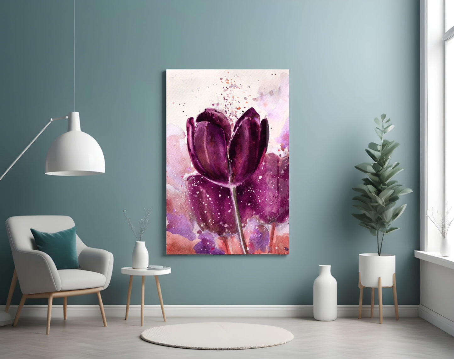 Deep Purple Watercolor Tulip Bloom Glass Wall Art