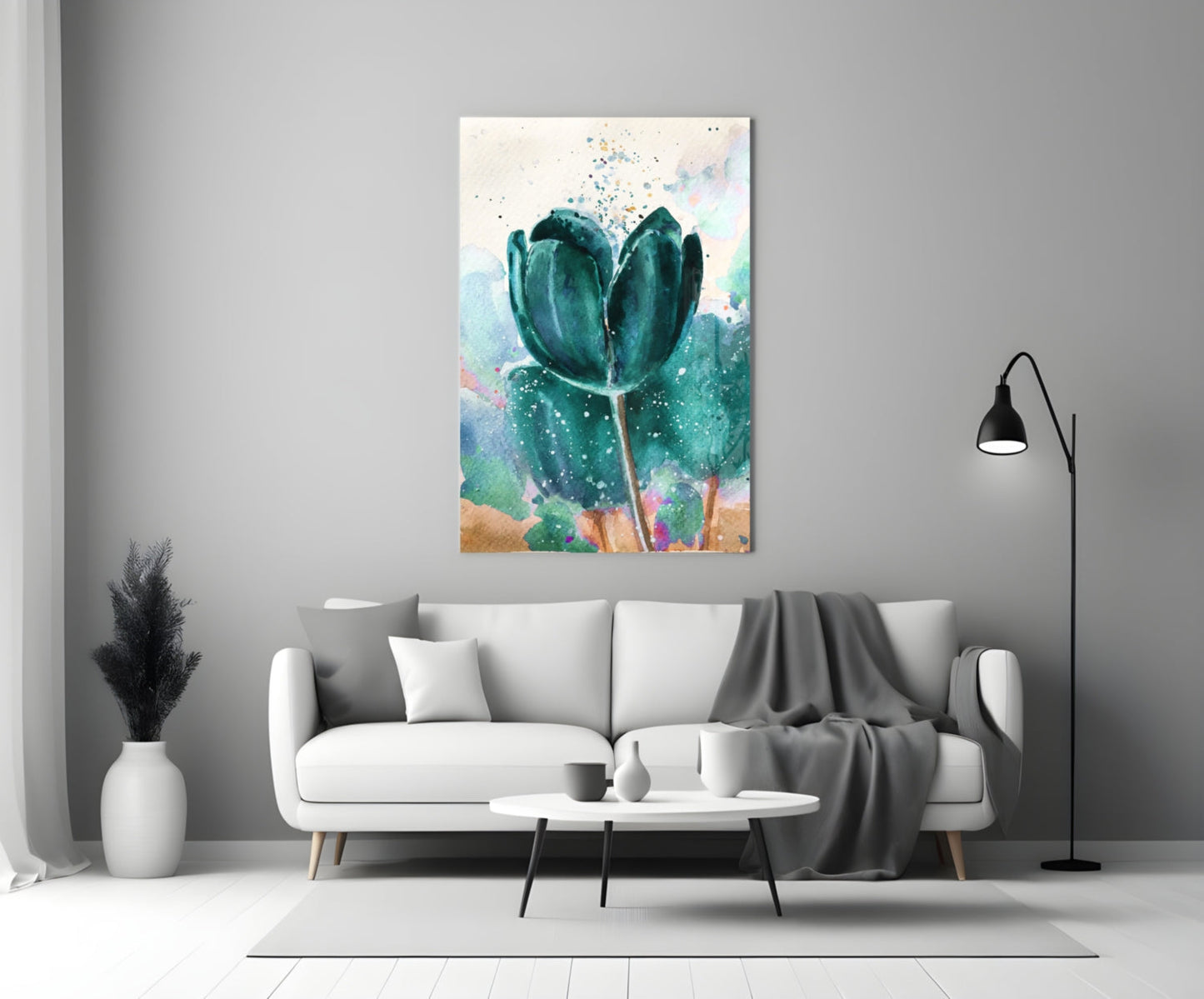 Teal Watercolor Tulip With Paint Splatter Glass Wall Art
