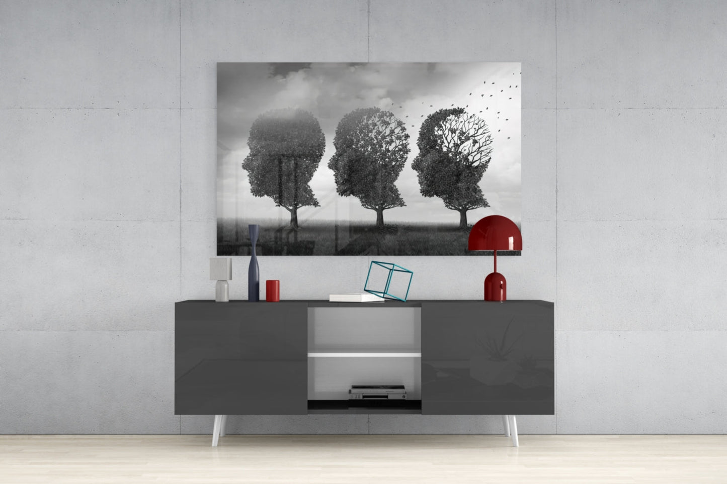 Three Head Shaped Trees Losing Leaves Glass Wall Art