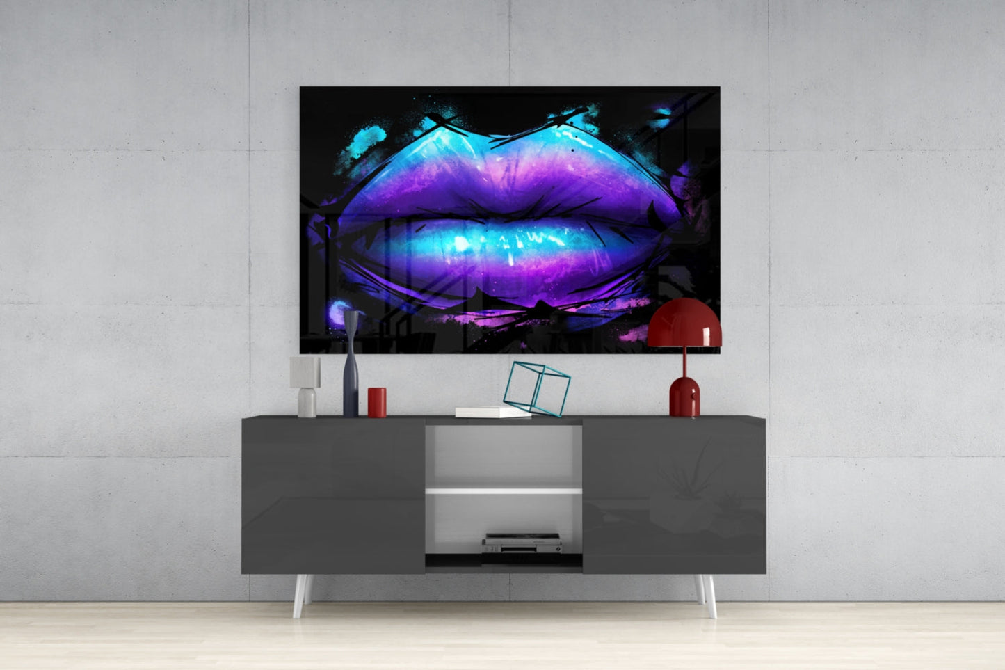 Purple Turquoise Galaxy Painted Lips Glass Wall Art