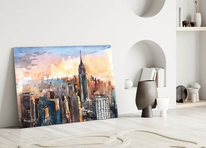Watercolor Manhattan Skyline Sunset Glass Wall Art