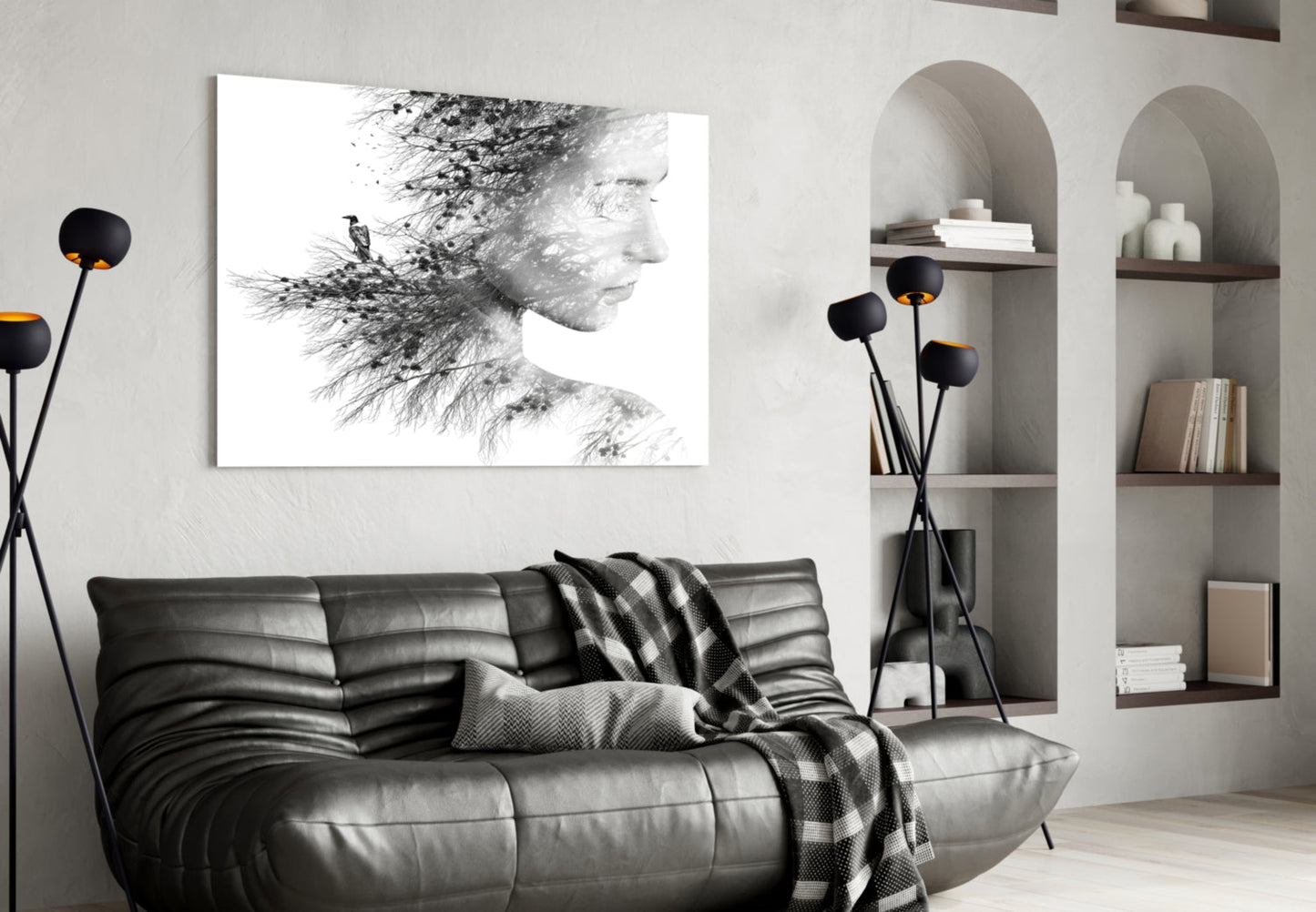 Black And White Tree Branch Woman Profile Glass Wall Art
