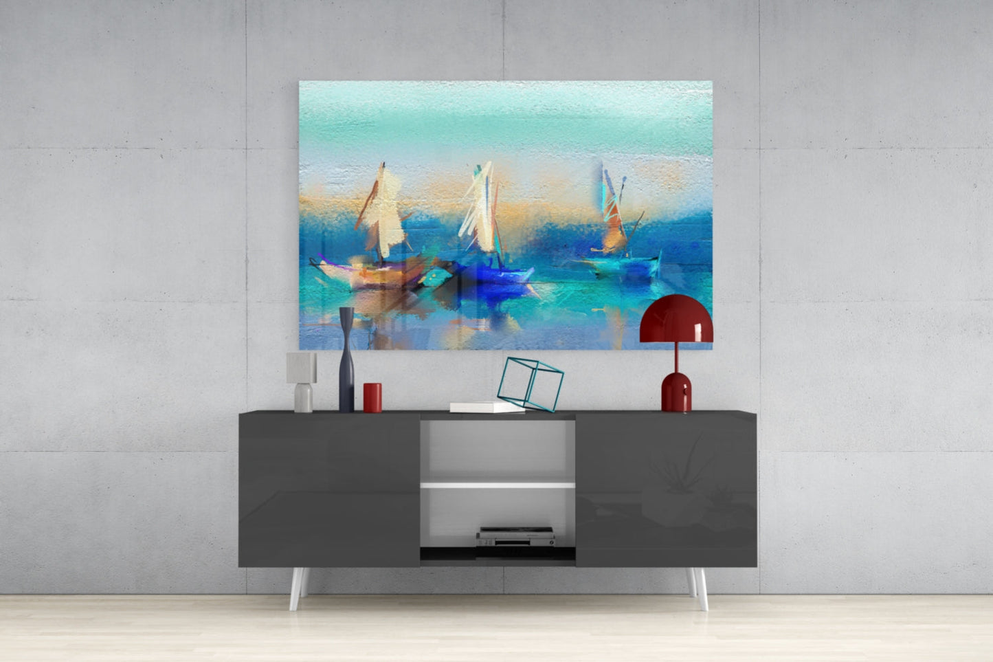 Soft Turquoise Sailboats Impasto Bay Glass Wall Art