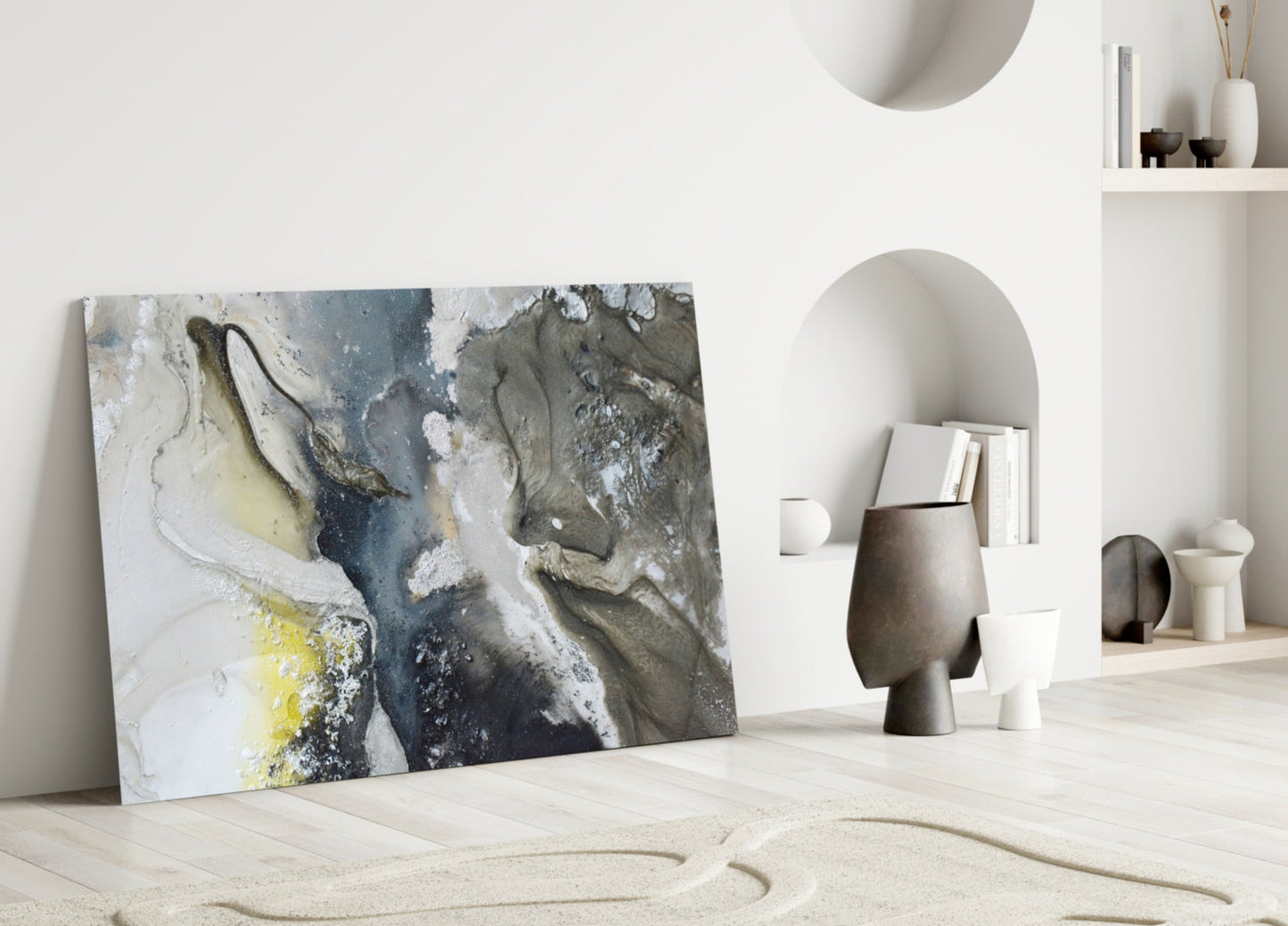 Charcoal And Yellow Ink Swirl Marble Glass Wall Art