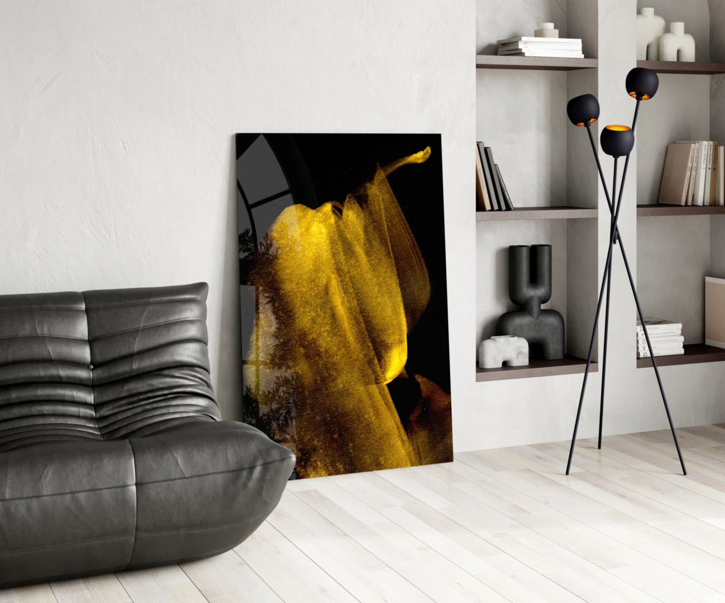 Glowing Golden Petal Macro On Black Glass Wall Art