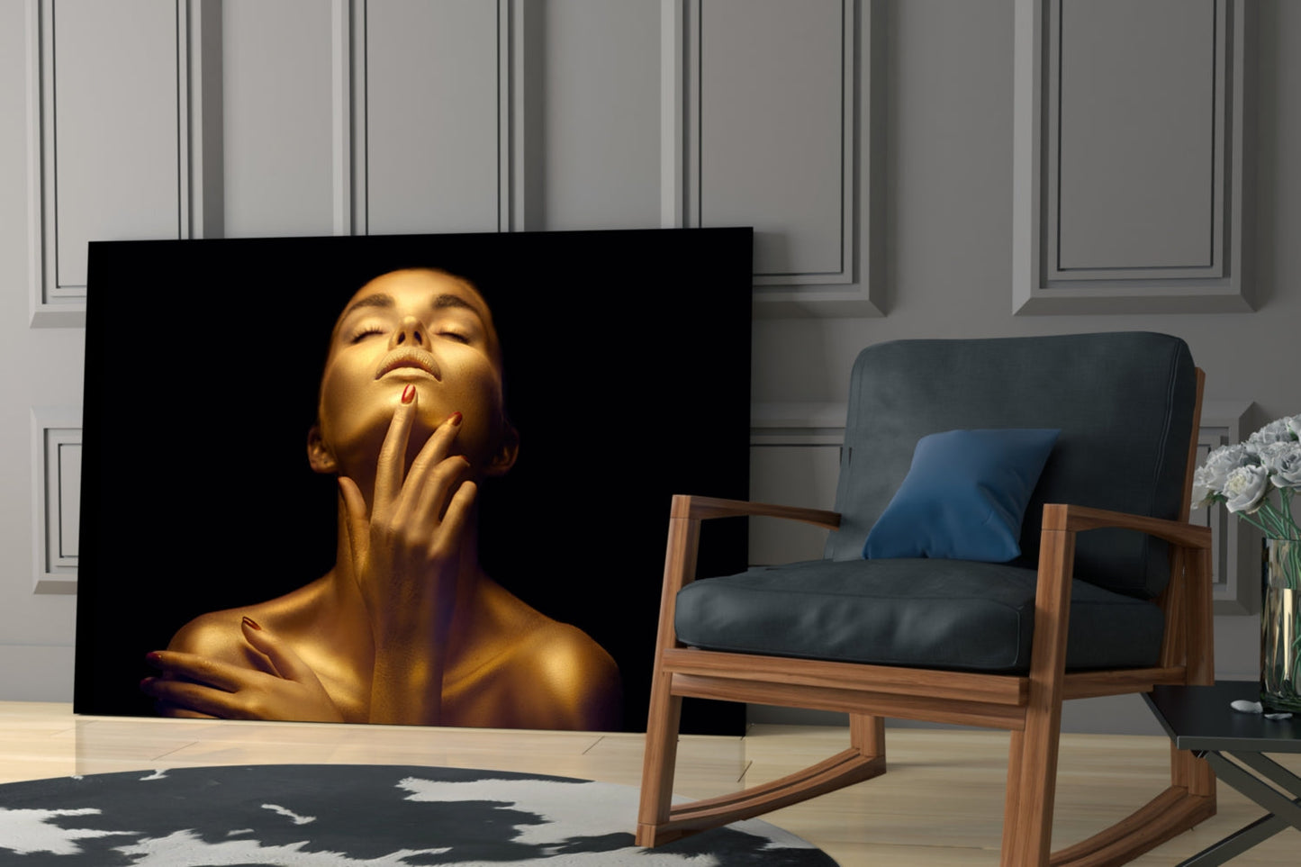 Golden Skin Neck Pose Woman Glass Wall Art