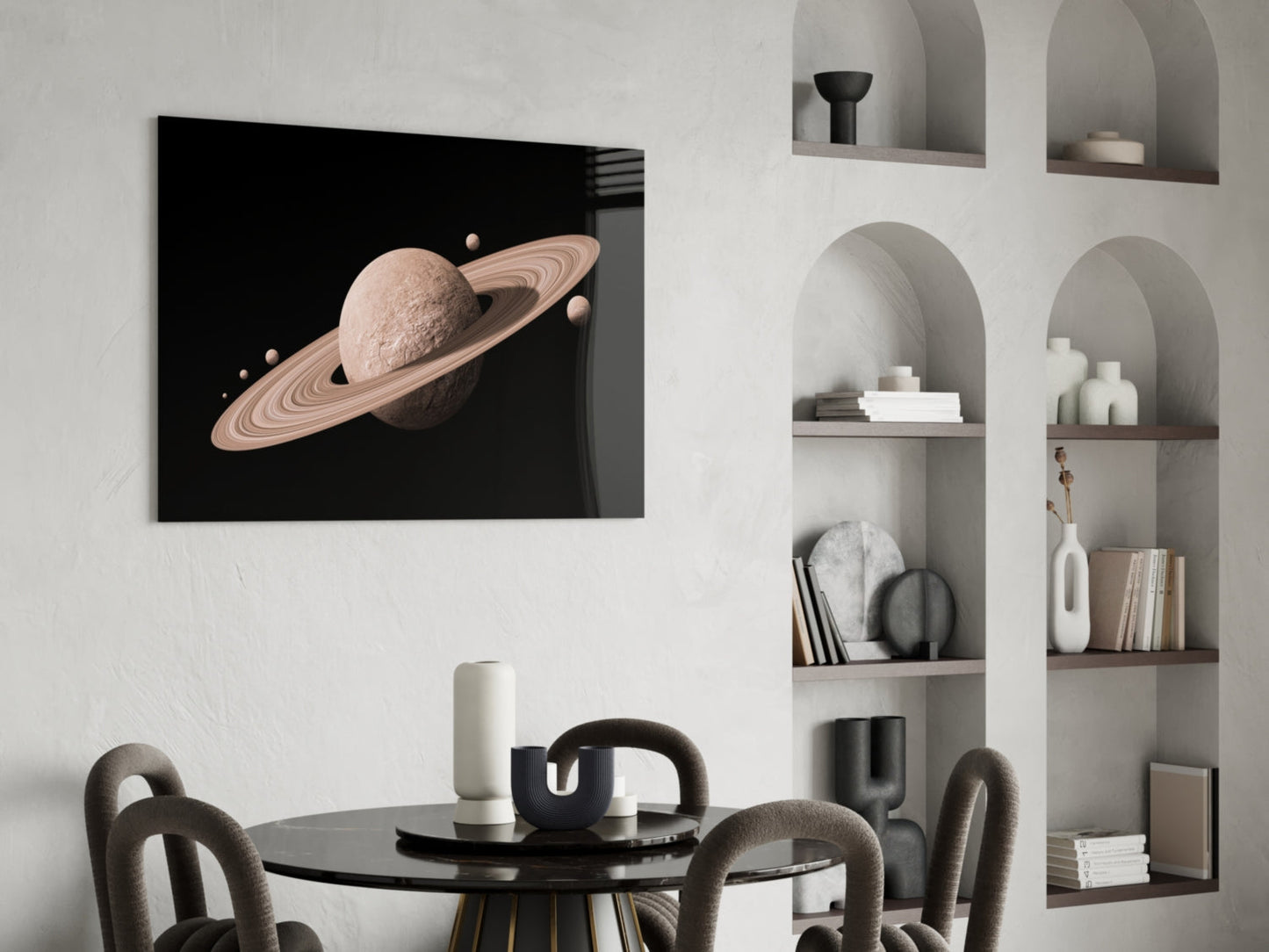 Pale Rose Ringed Planet on Black Glass Wall Art