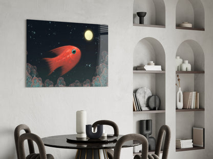 Red Fish Under Moonlit Coral Reef Glass Wall Art