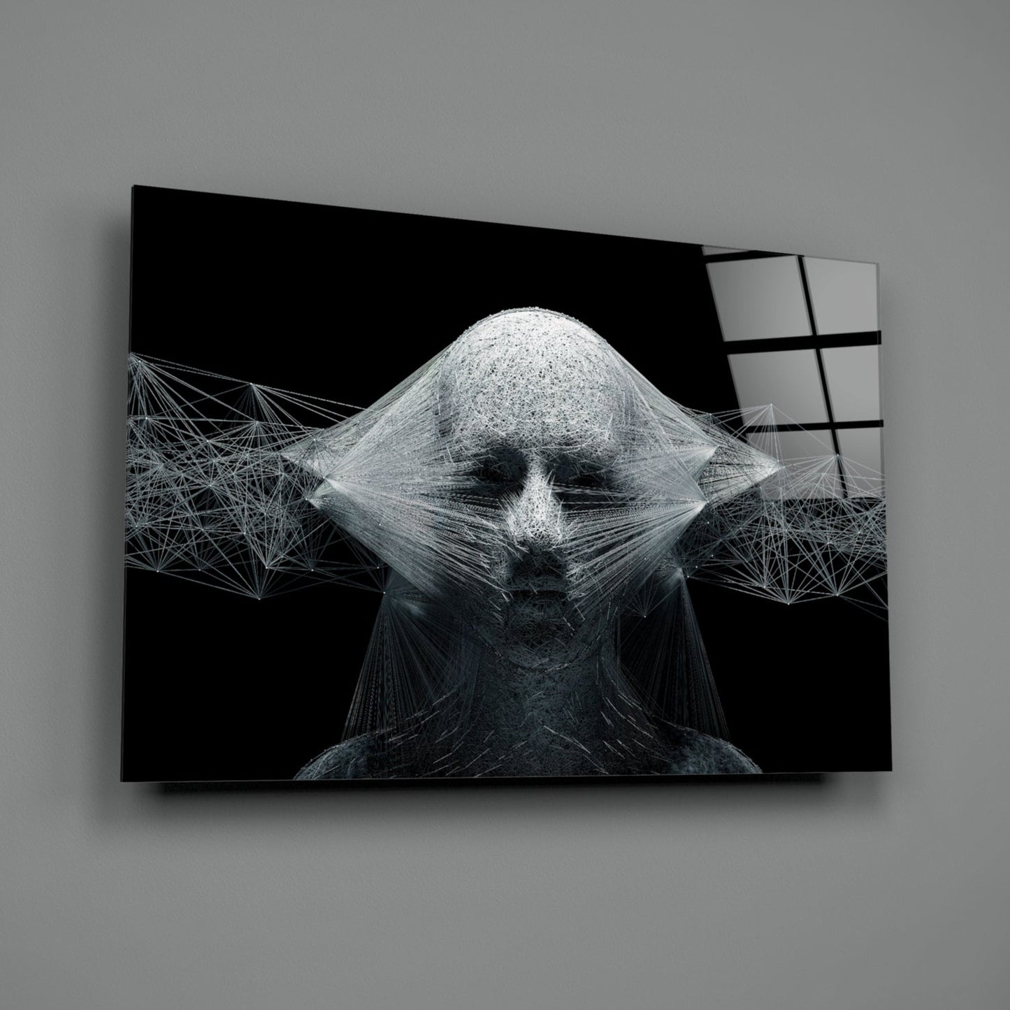 White Wireframe Face On Black Glass Wall Art