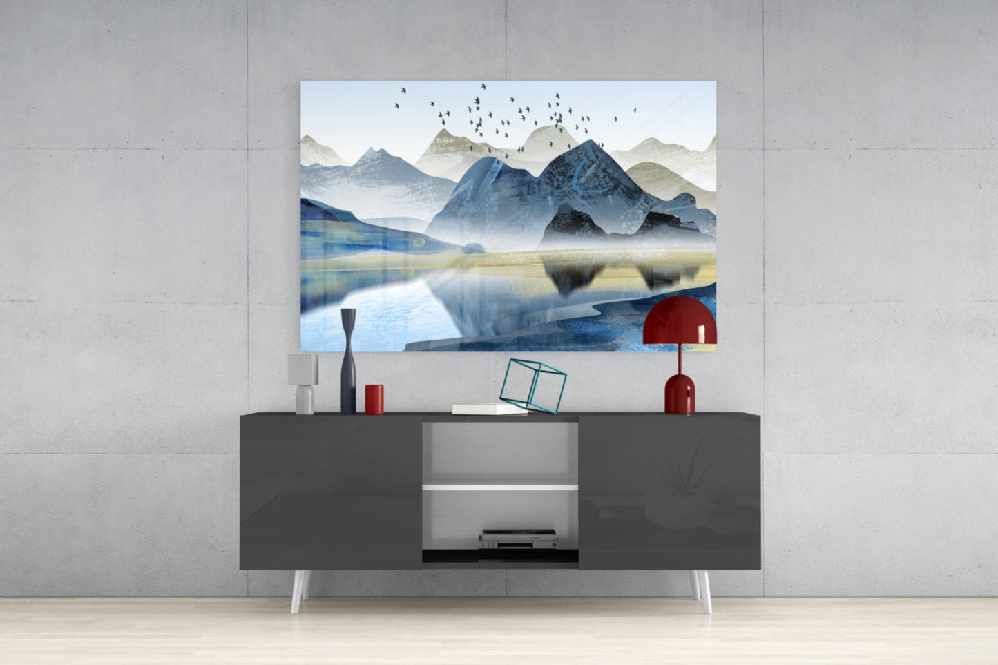 Blue Misty Peaks With Birds Over Lake Glass Wall Art