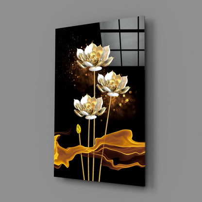 Golden Lotus on Black Flowing Glass Wall Art