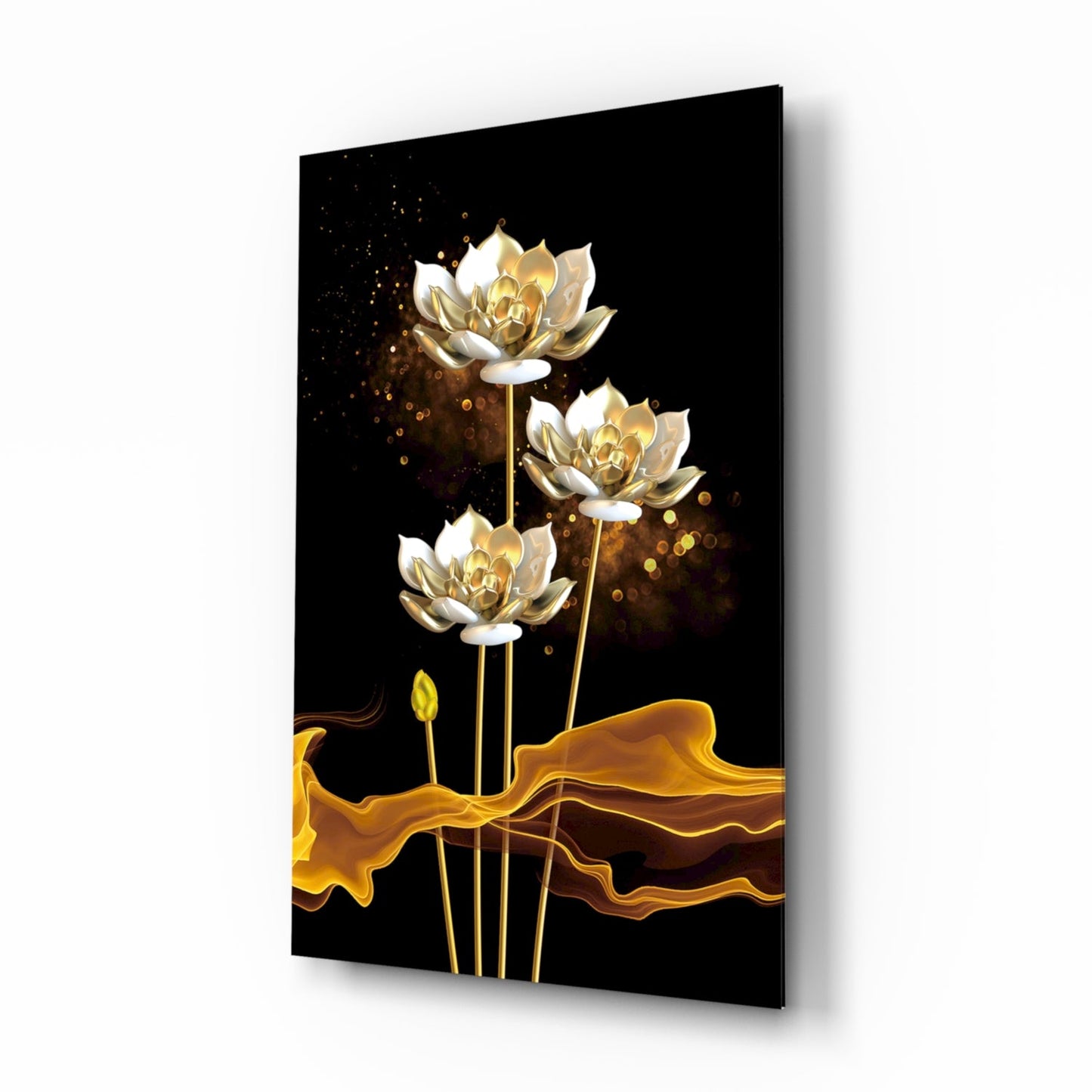 Golden Lotus on Black Flowing Glass Wall Art