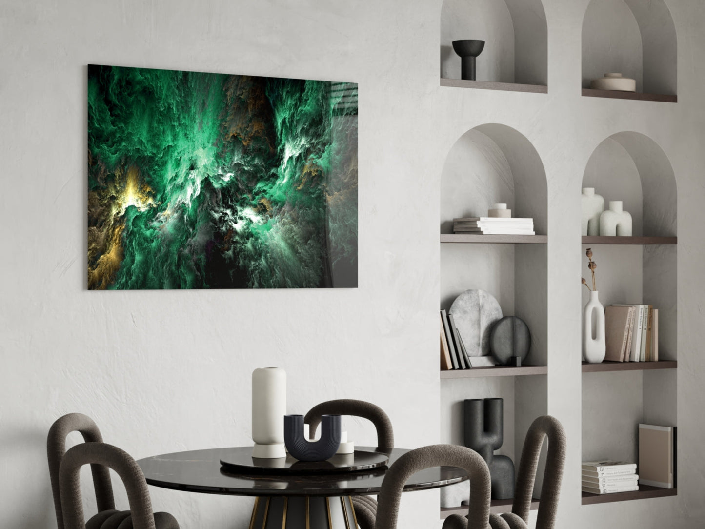 Green Gold Ink Cloud Abstract Glass Wall Art