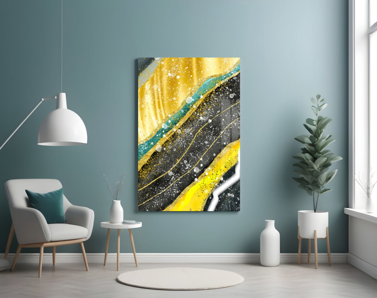 Yellow Black Diagonal Splatter Marble Glass Wall Art