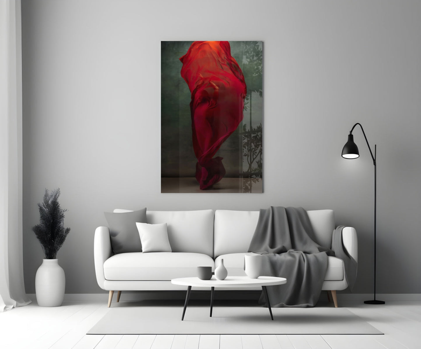 Crimson Silk Veil Dancer Glass Wall Art