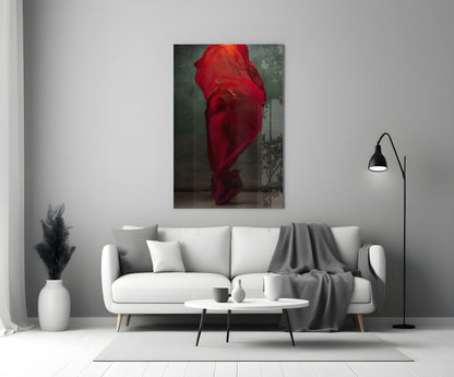 Crimson Silk Veil Dancer Glass Wall Art
