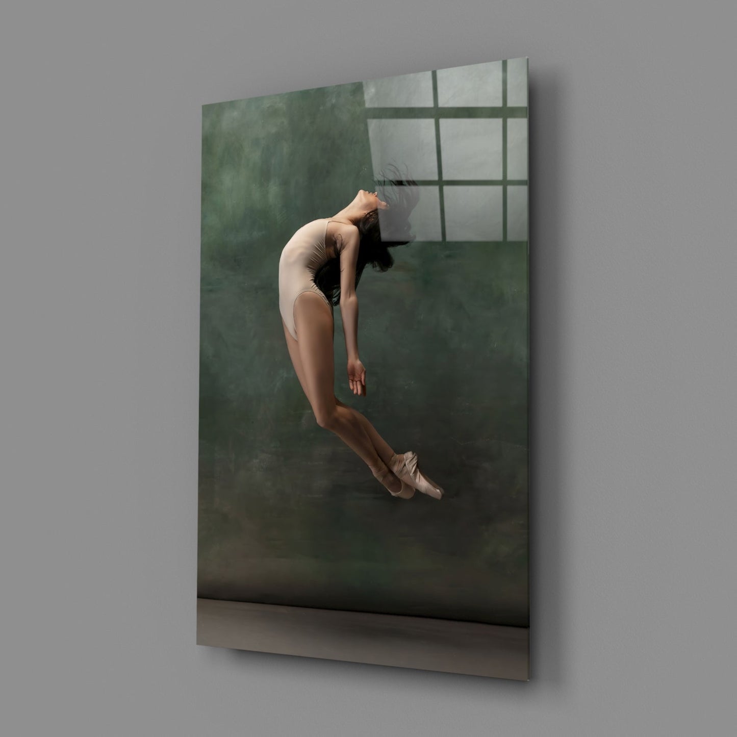 Curled Midair Leap Ballerina Glass Wall Art