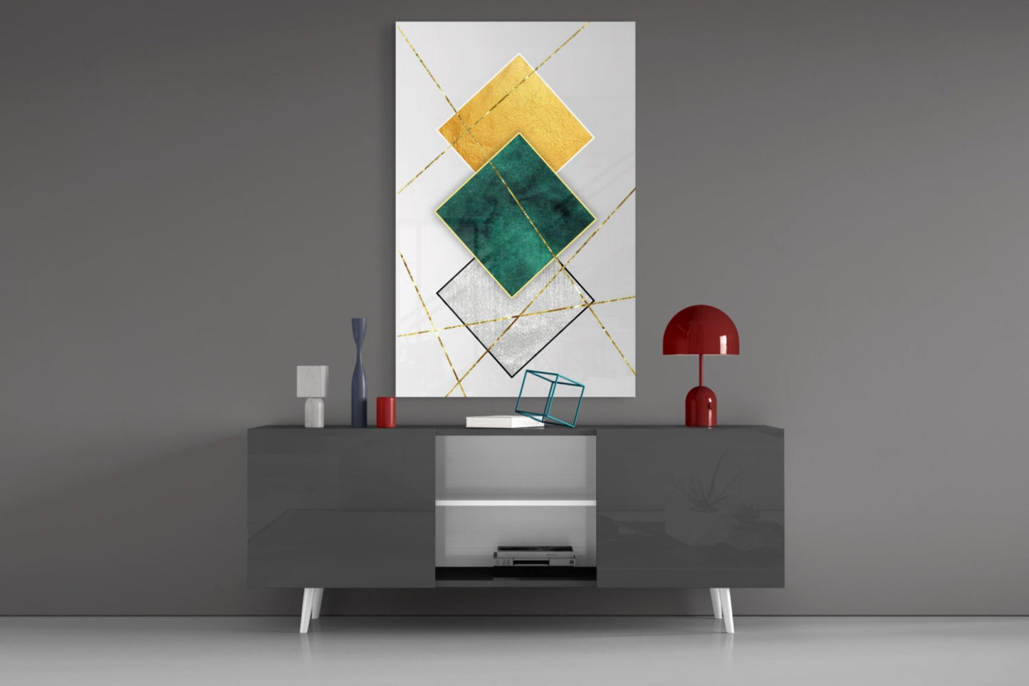 Gold and Emerald Diamond Geometry Glass Wall Art