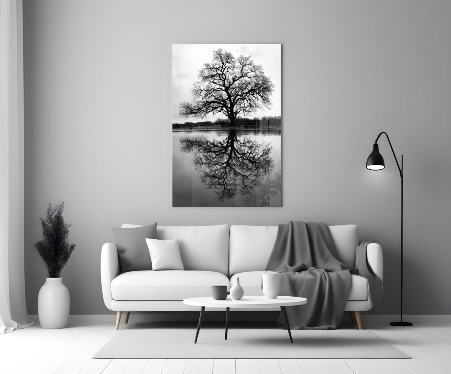 Bare Tree Lake Reflection Black White Glass Wall Art