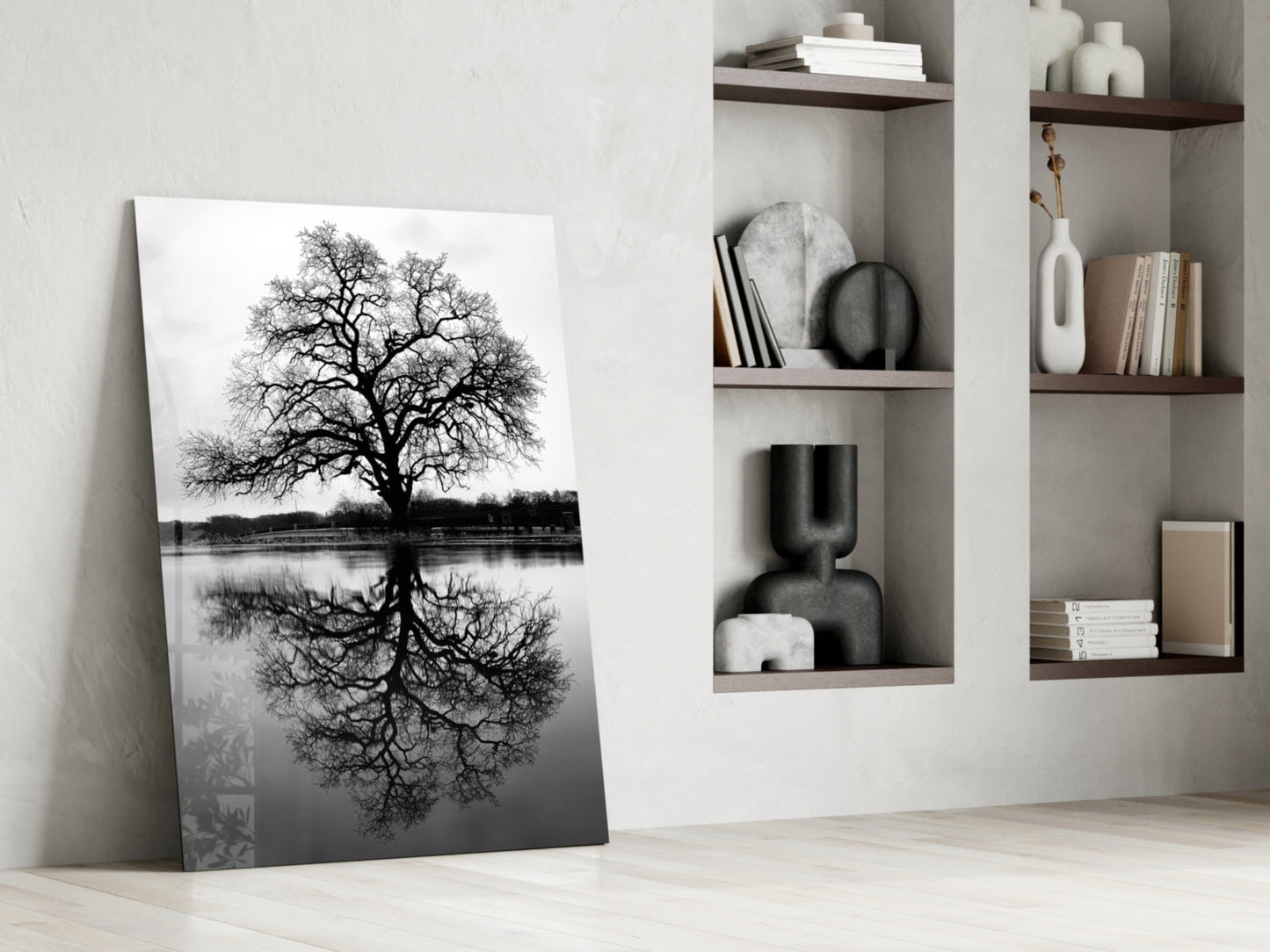 Bare Tree Lake Reflection Black White Glass Wall Art