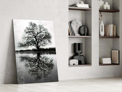 Bare Tree Lake Reflection Black White Glass Wall Art