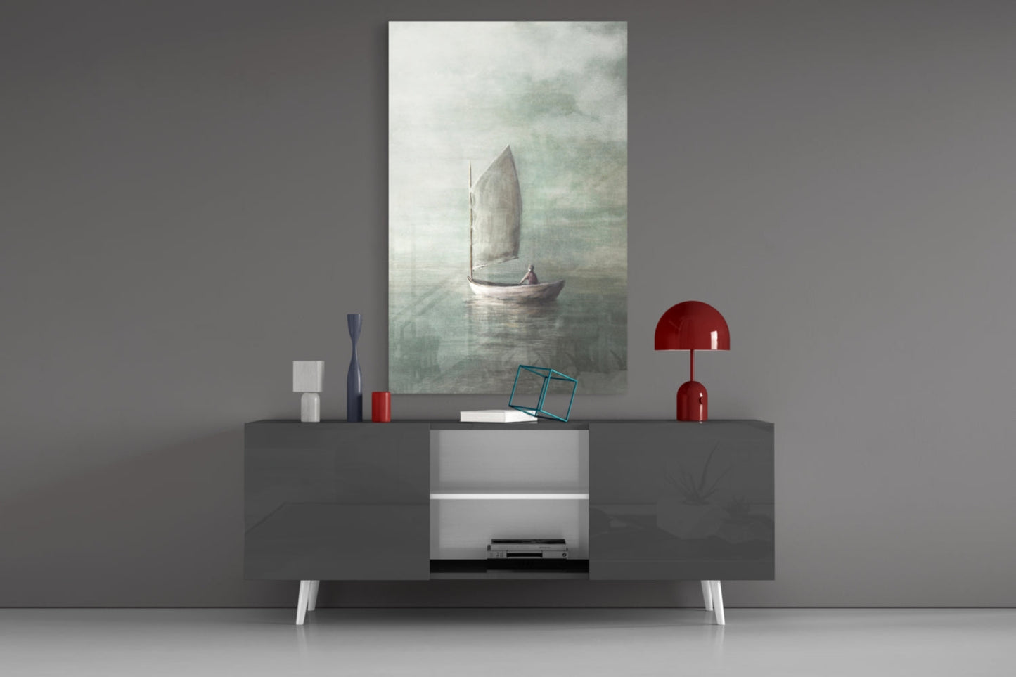 Misty Sage Sailboat At Dawn Glass Wall Art