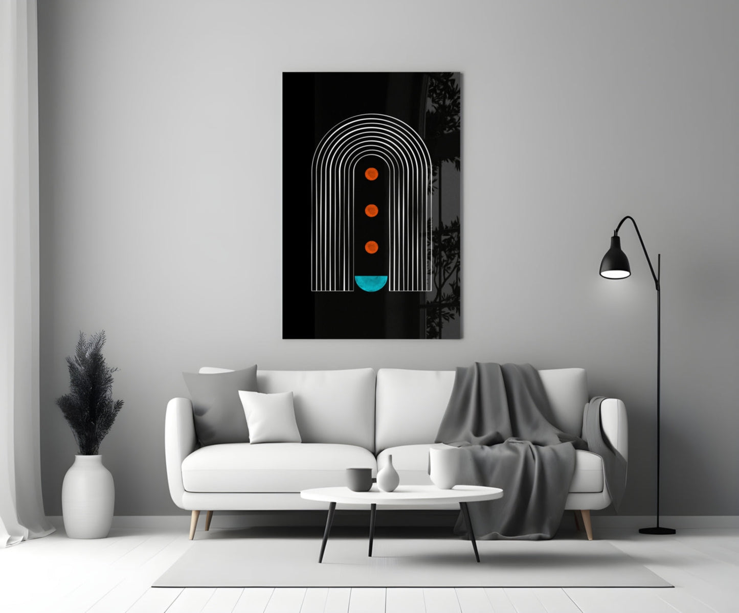 White Arch Lines Orange Dots Teal Glass Wall Art