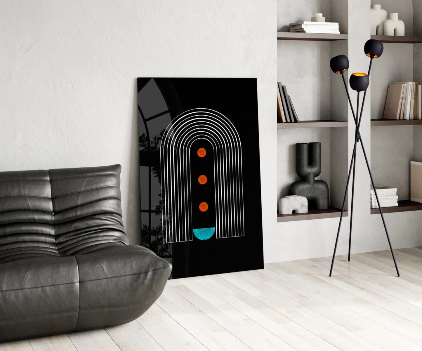 White Arch Lines Orange Dots Teal Glass Wall Art