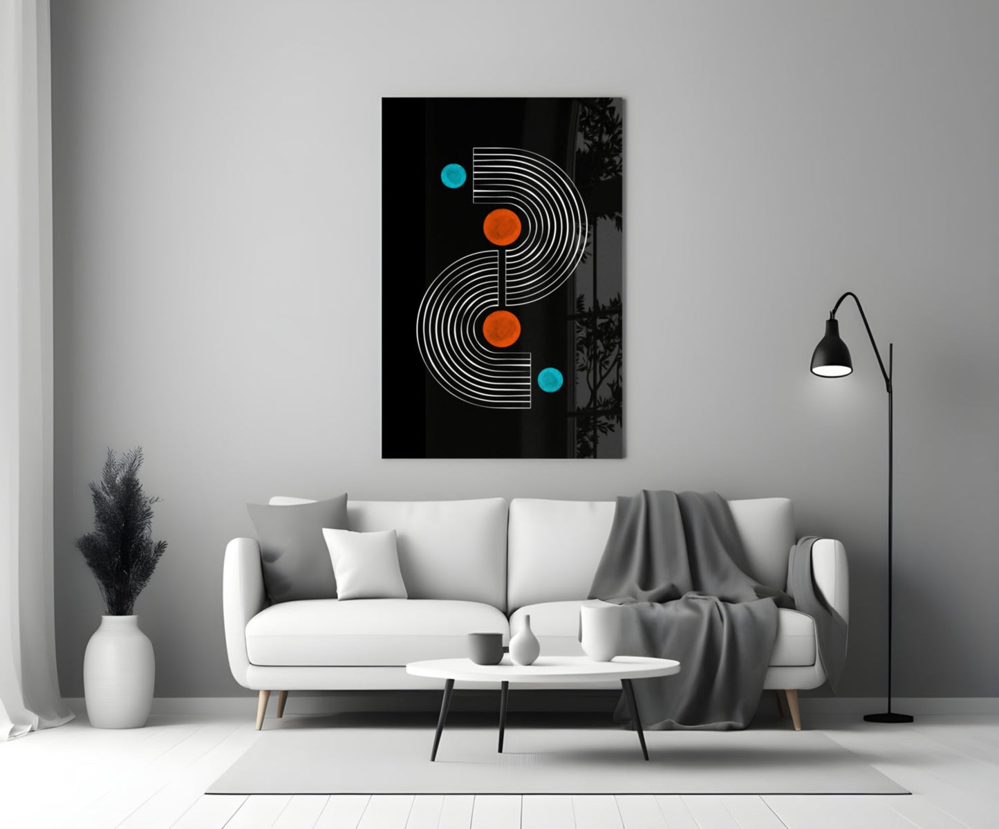 Black Mid Century S Arch Orange Dots Glass Wall Art