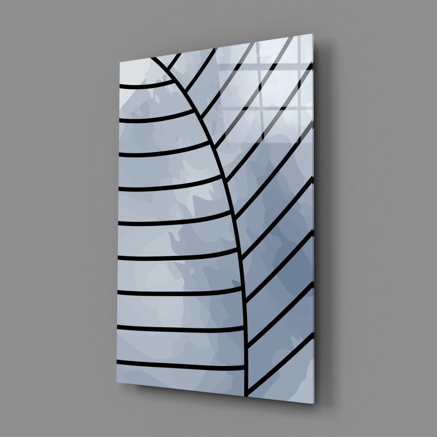 Gray Blue Minimalist Leaf Vein Lines Glass Wall Art