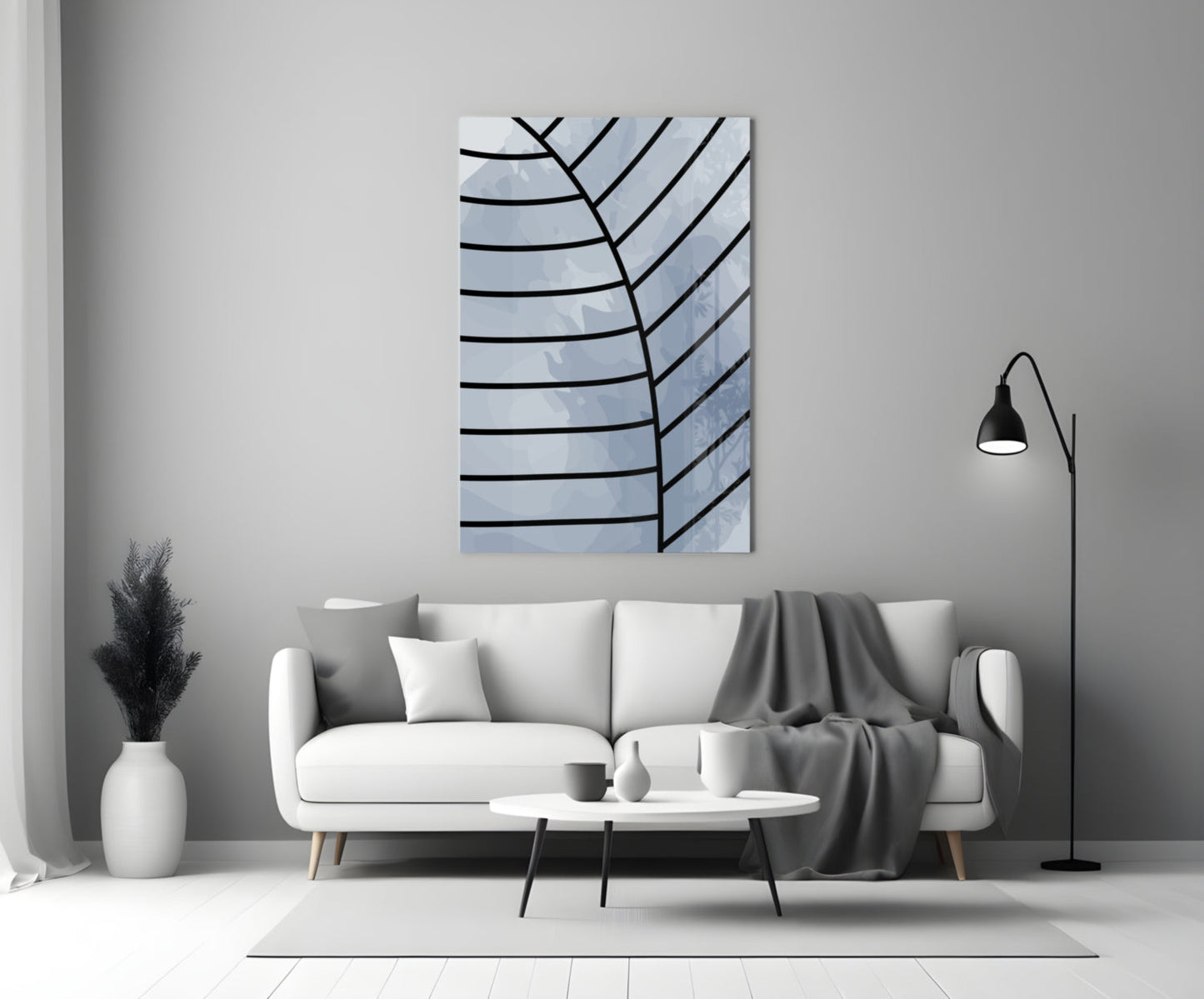 Gray Blue Minimalist Leaf Vein Lines Glass Wall Art