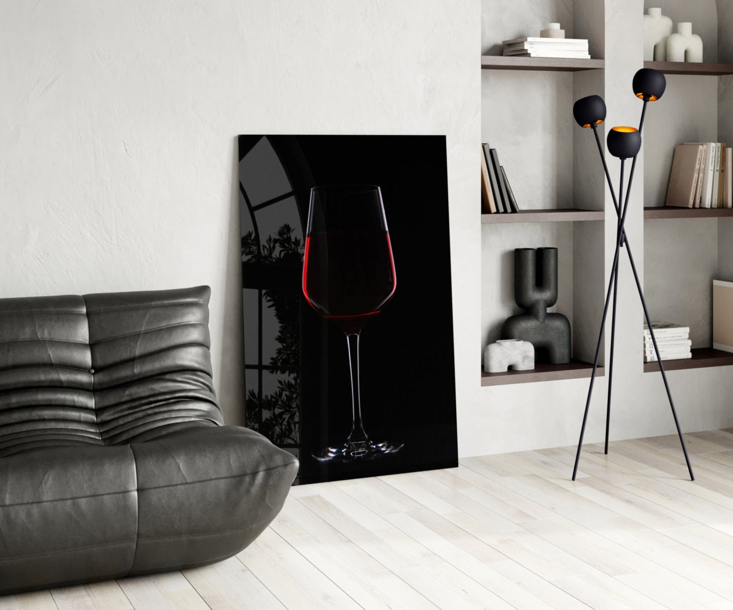 Half Filled Red Wine Glass on Black Glass Wall Art