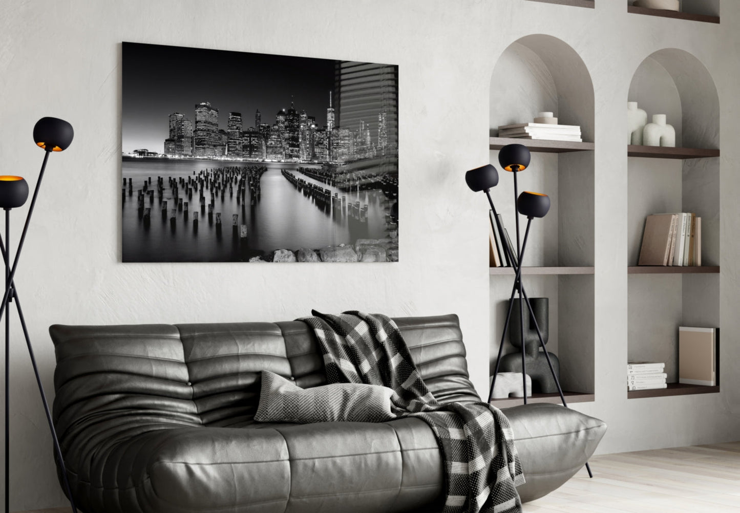 Monochrome Skyline Pier Pilings Glass Wall Art