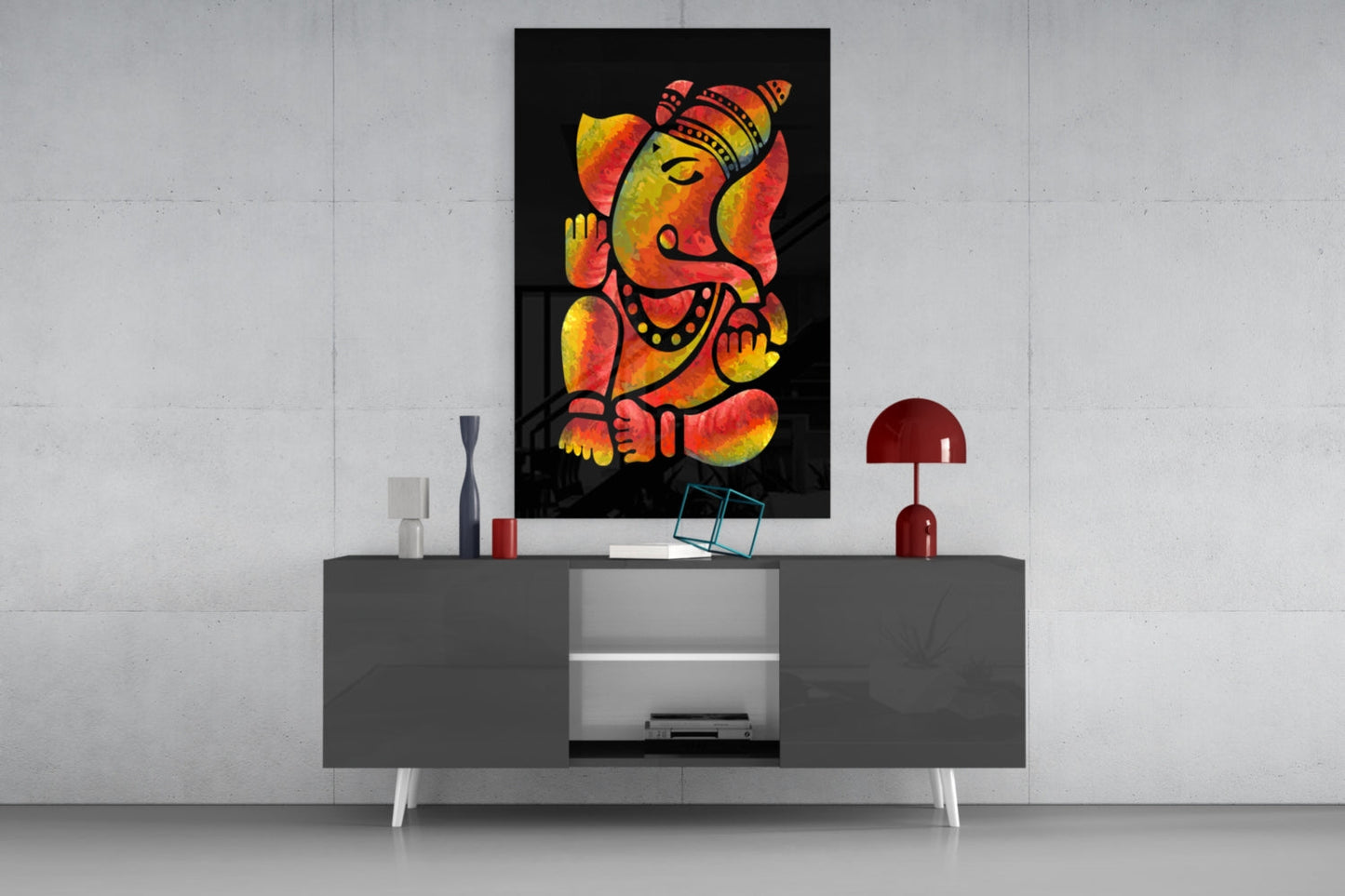 Fiery Red And Yellow Stylized Ganesha Glass Wall Art