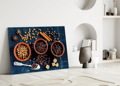 Three Bowls Of Roasted Coffee Beans Glass Wall Art