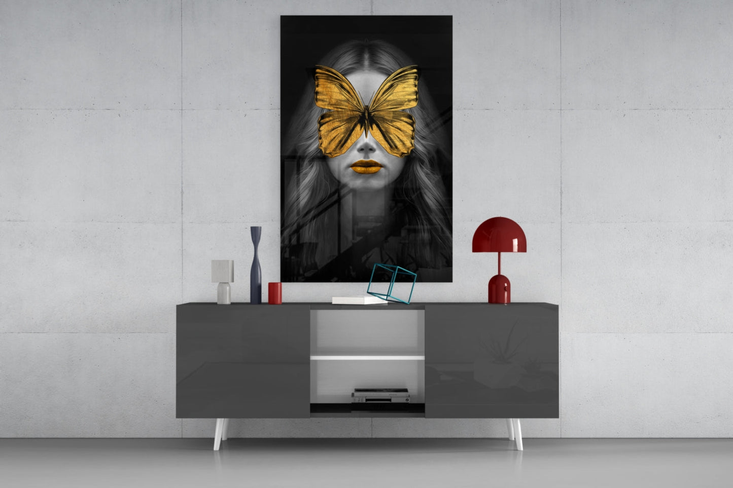 Golden Butterfly Mask Woman Portrait Glass Wall Art