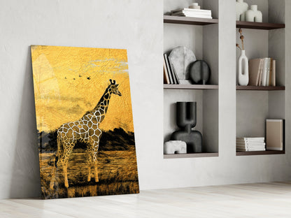 Golden Sunset Savanna Giraffe Glass Wall Art