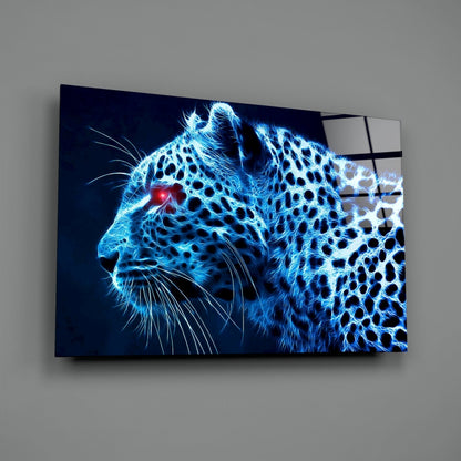 Glowing Blue Neon Leopard Glass Wall Art