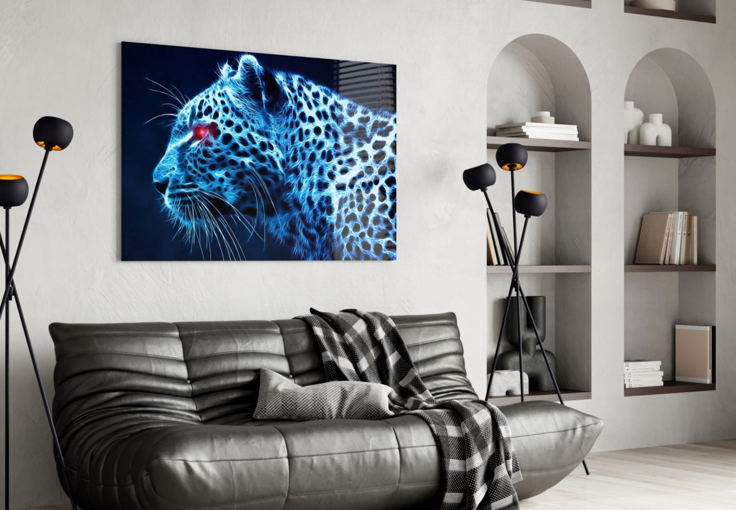 Glowing Blue Neon Leopard Glass Wall Art