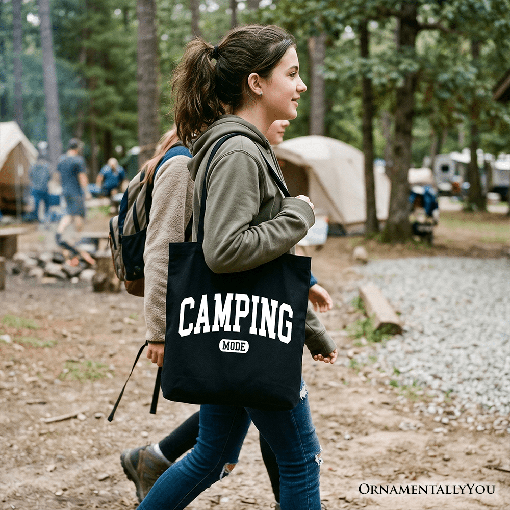 Camping Mode Varsity Tote Bag, Minimalist Outdoors Gift Shopper