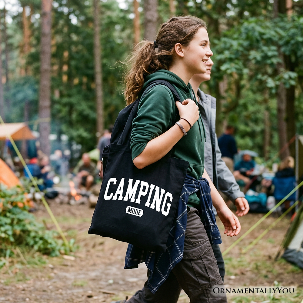 Camping Mode Varsity Tote Bag, Minimalist Outdoors Gift Shopper