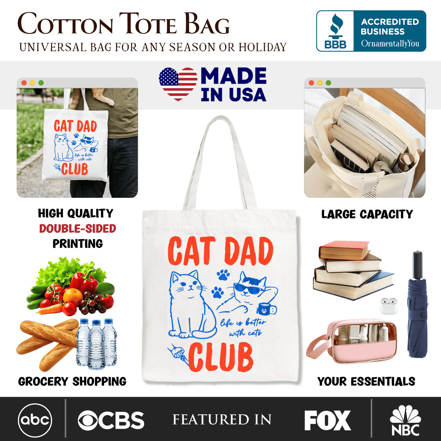 Cat Dad Club Retro Tote Bag, Funny Father's Day Gift Shopper