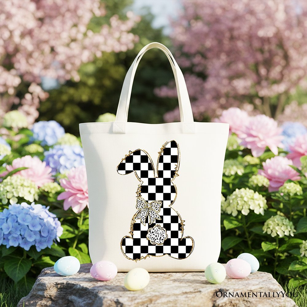 Checkered Easter Bunny Coquette Tote Bag, Stylish Spring Gift Shopper