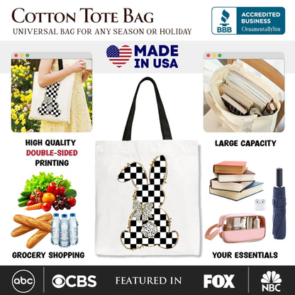 Checkered Easter Bunny Coquette Tote Bag, Stylish Spring Gift Shopper