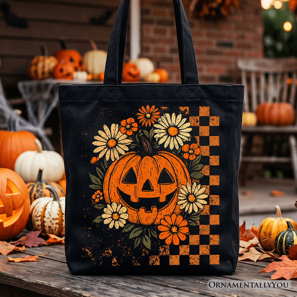 Checkered Floral Pumpkin Tote Bag, Retro Preppy Halloween Gift Shopper for Spooky Season Vibes